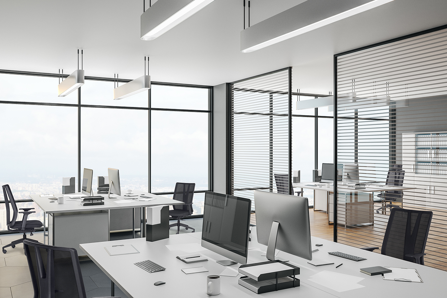 Scandinavian coworking office interior with city view, daylight, furniture and equipment. 3D Rendering